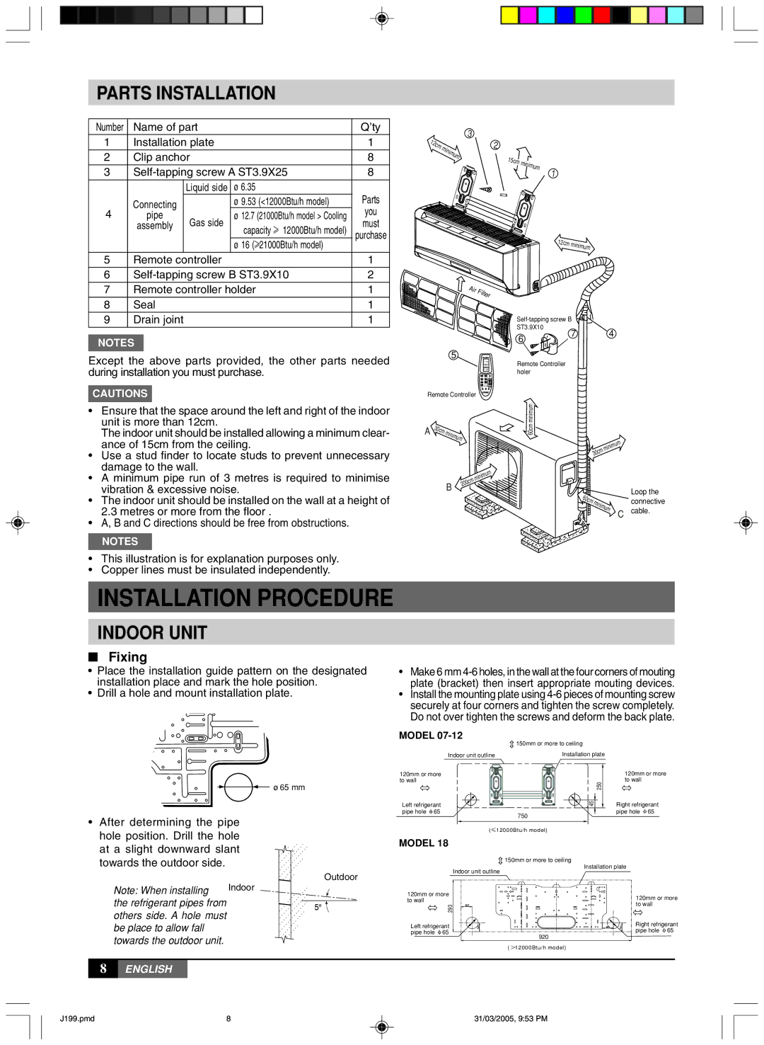 York MLCA-MLHA-07-24 owner manual Parts Installation, Indoor Unit, Fixing 