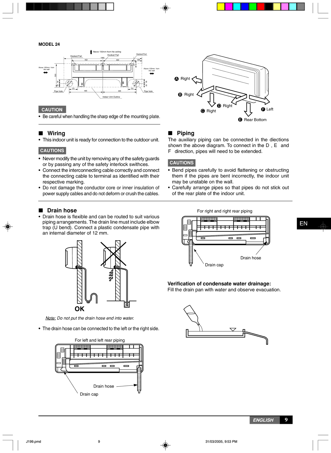 York MLCA-MLHA-07-24 owner manual Wiring, Piping, Drain hose 