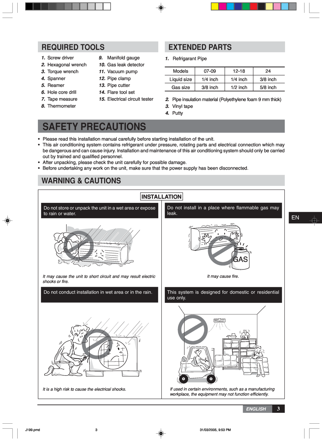 York MLCA-MLHA-07-24 Safety Precautions, Required Tools, Extended Parts, Warning & Cautions, Installation, leak, English 