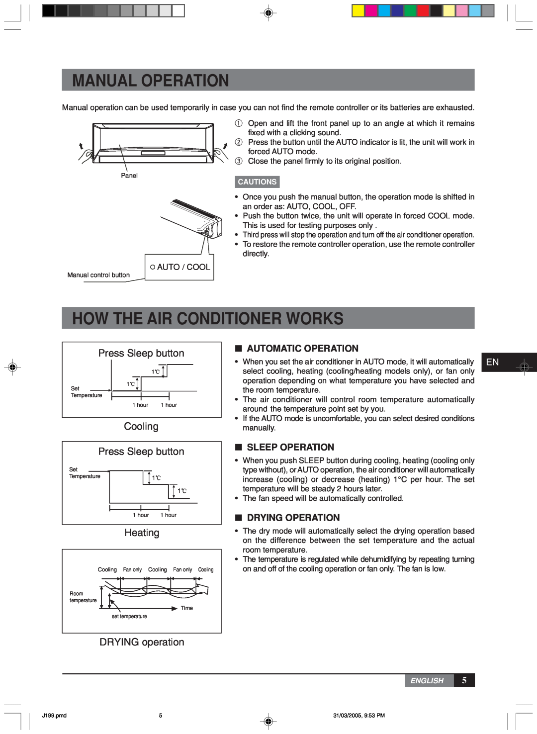 York MLCA-MLHA-07-24 Manual Operation, How The Air Conditioner Works, Press Sleep button, Cooling, Heating, Auto / Cool 