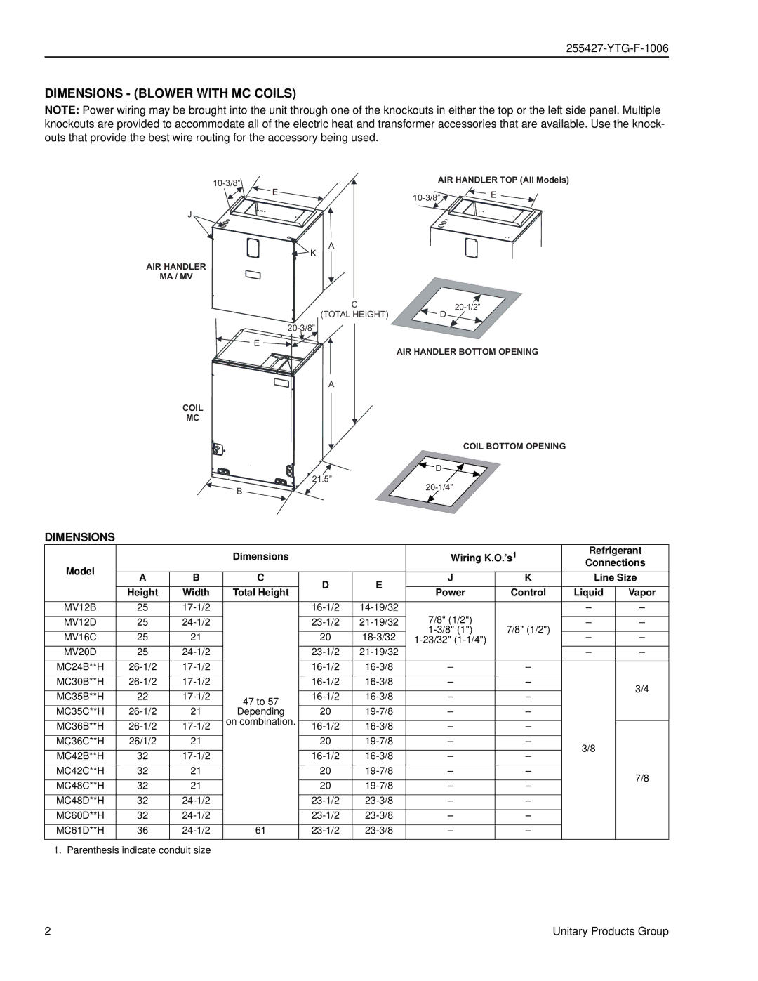 York MV specifications Dimensions Blower with MC Coils, Wiring K.O.’s1, Model, Liquid Vapor 