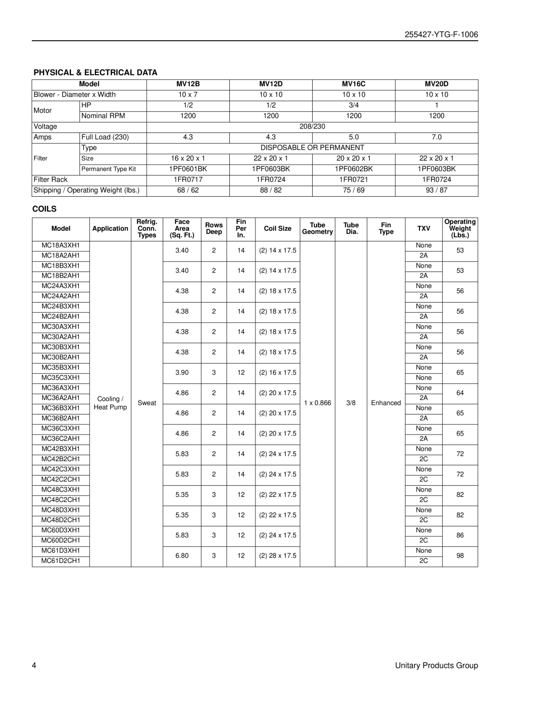 York MV specifications Physical & Electrical Data, Coils, Disposable or Permanent 