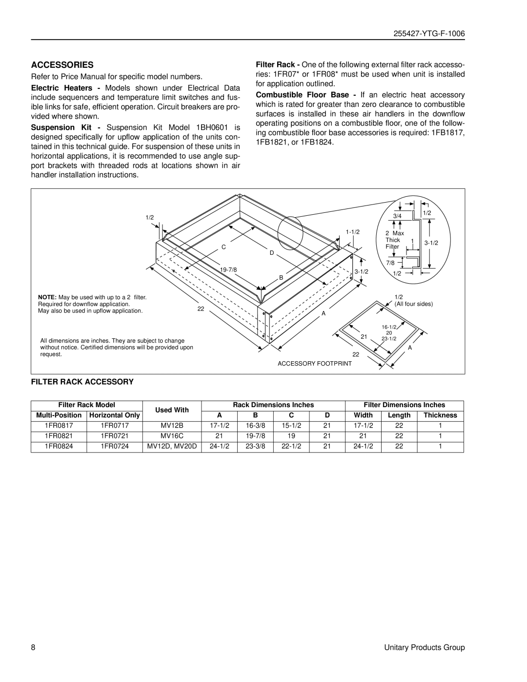 York MV specifications Accessories, Filter Rack Accessory, Filter Rack Model Used With, Filter Dimensions Inches, Width 