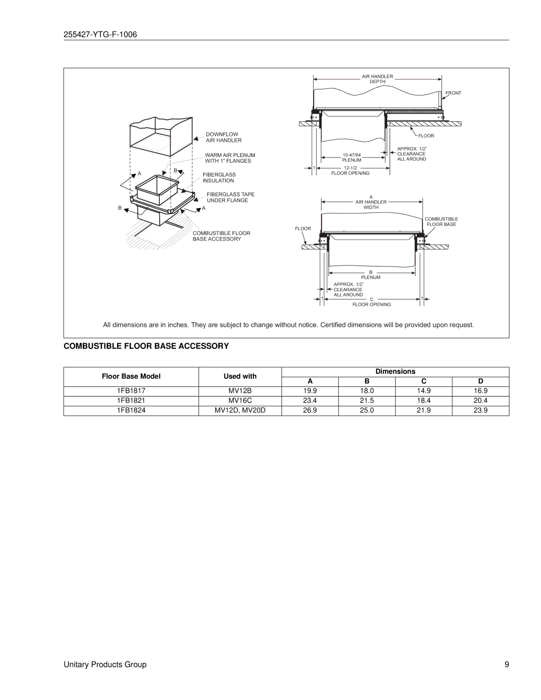 York MV specifications Combustible Floor Base Accessory, Used with Dimensions 