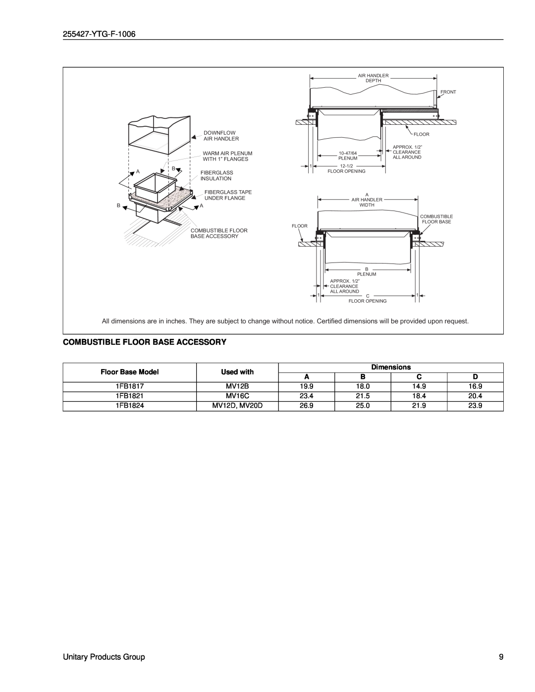 York MV specifications YTG-F-1006, Combustible Floor Base Accessory, Unitary Products Group 