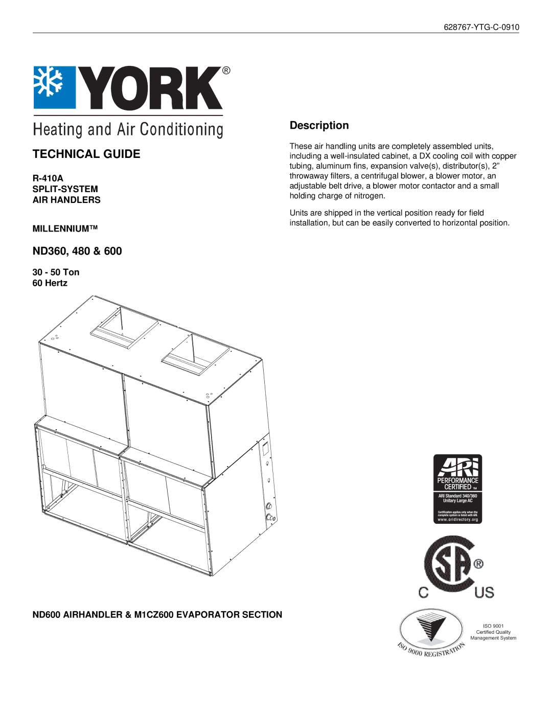 York ND480, ND600 manual Description, ND360, 480, 410A, 30 50 Ton Hertz 