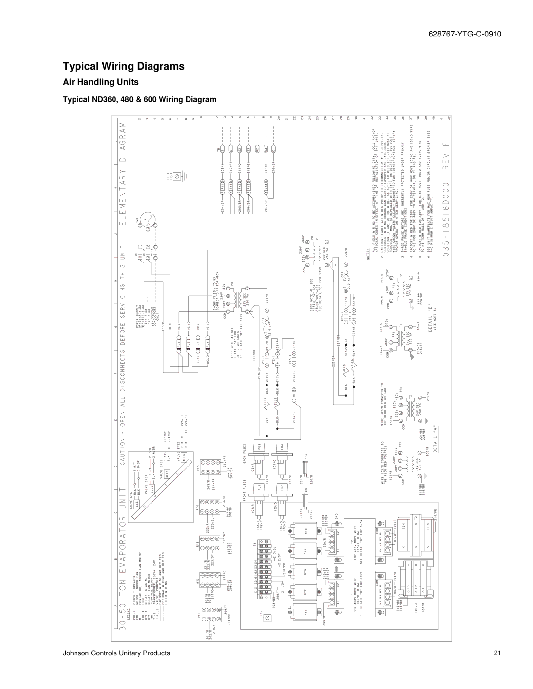 York ND480, ND600 manual Typical Wiring Diagrams, Air Handling Units, Typical ND360, 480 & 600 Wiring Diagram 