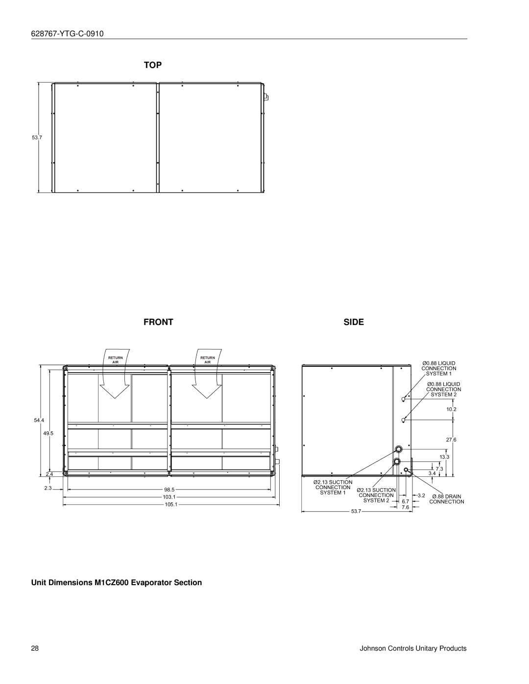 York ND480, ND360, ND600 manual Unit Dimensions M1CZ600 Evaporator Section 