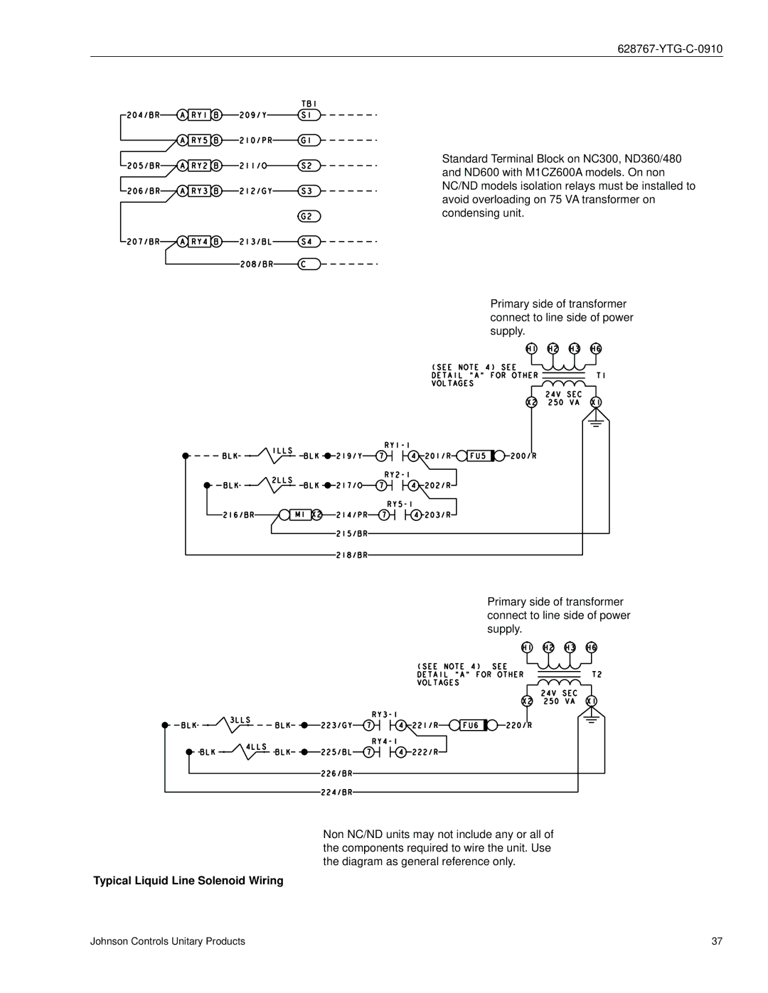 York ND480, ND360, ND600 manual Typical Liquid Line Solenoid Wiring 