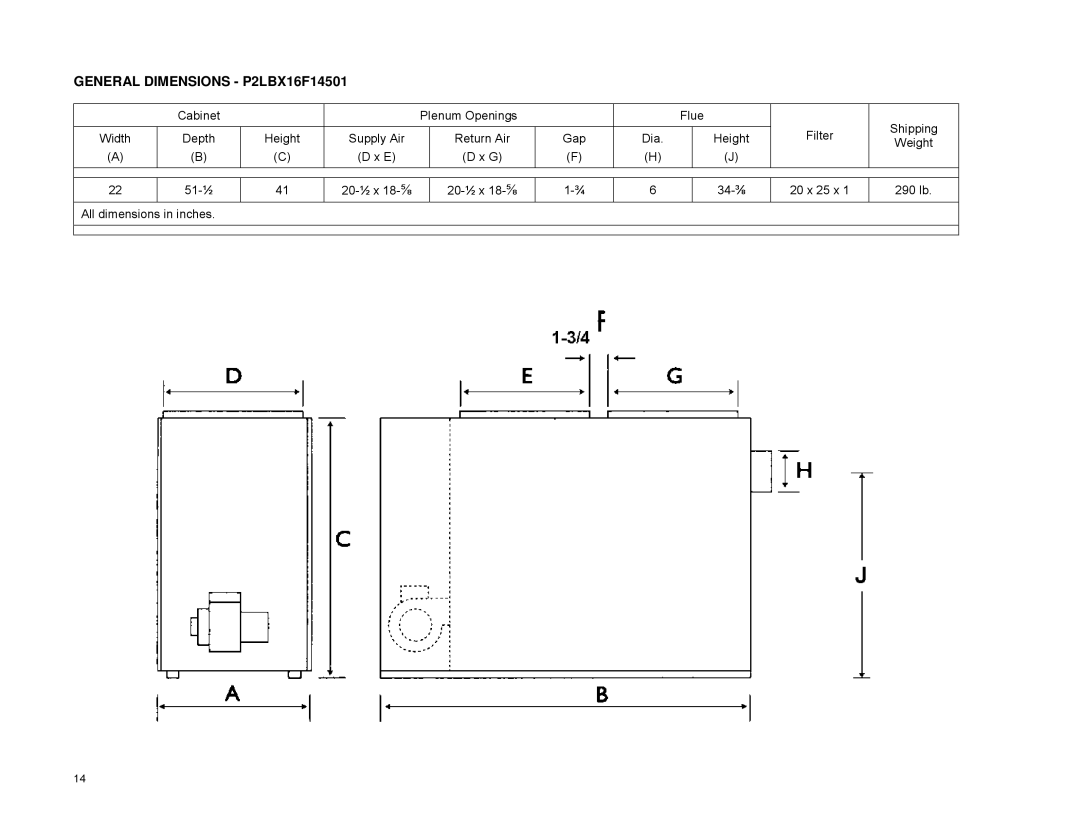 York P4LBX20F19001, P3DHX12F08001, P2DHX16F12001 installation manual General Dimensions P2LBX16F14501 