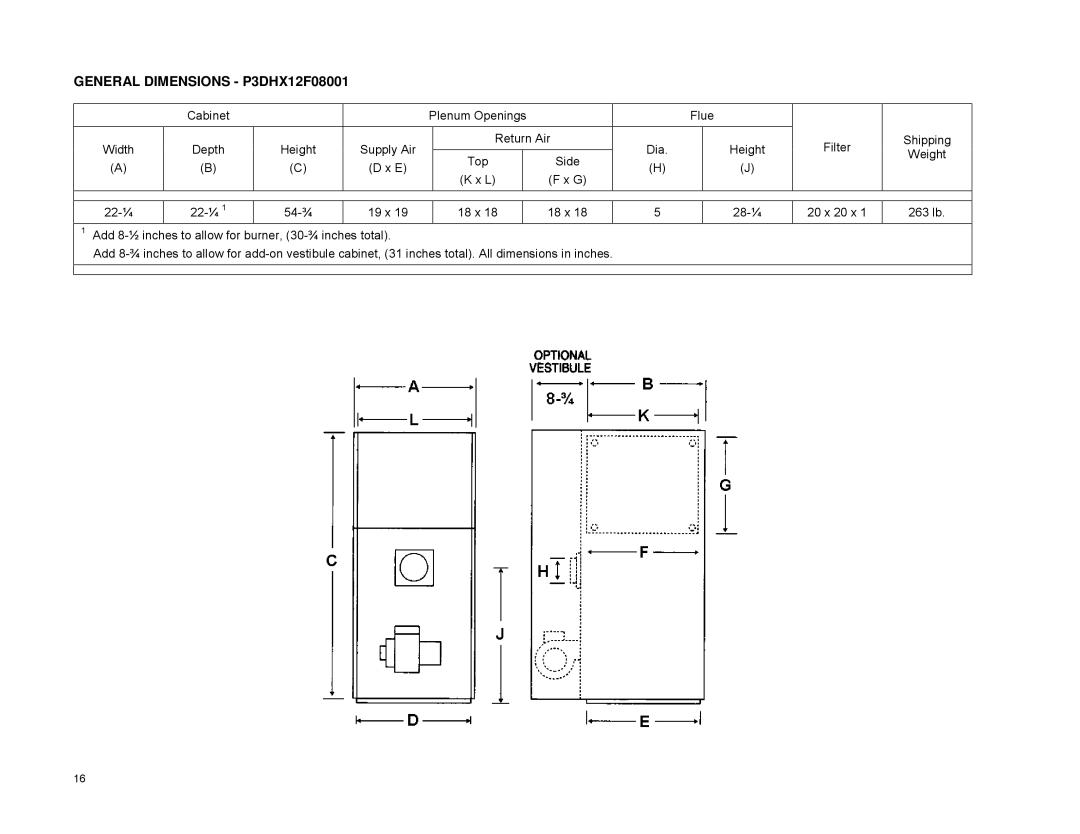 York P2DHX16F12001, P4LBX20F19001, P2LBX16F14501 installation manual General Dimensions P3DHX12F08001 