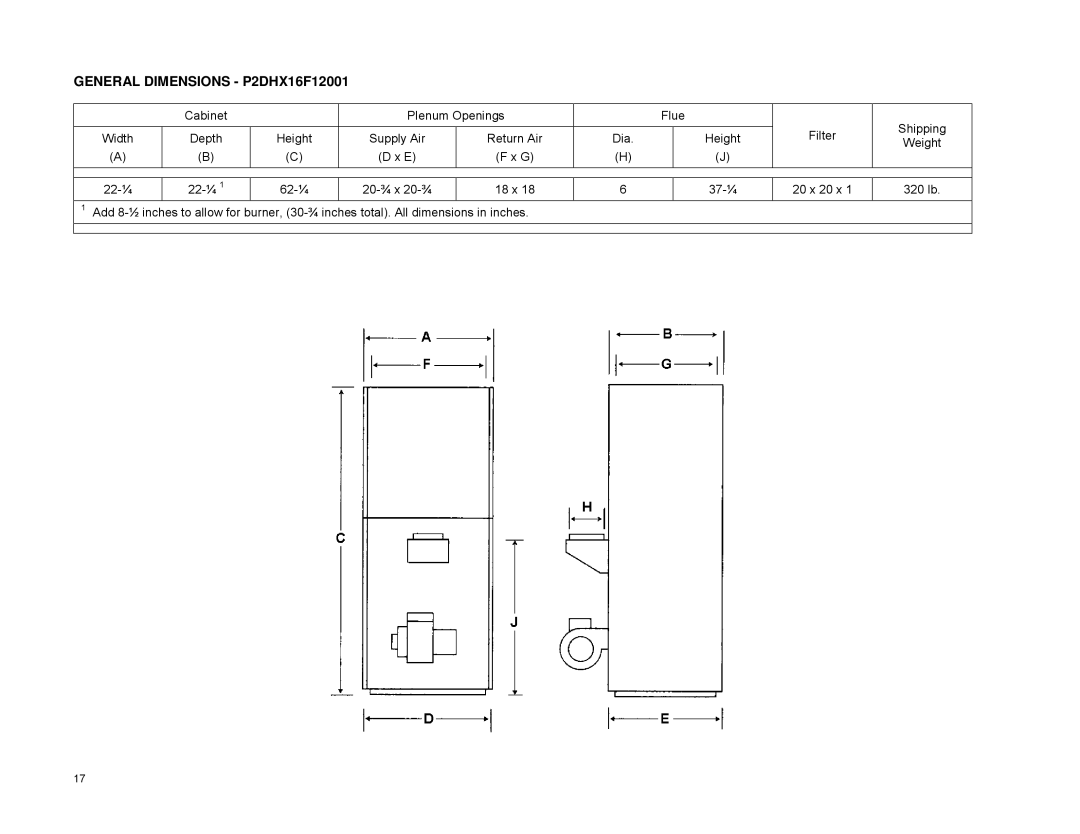 York P3DHX12F08001, P4LBX20F19001, P2LBX16F14501 installation manual General Dimensions P2DHX16F12001 