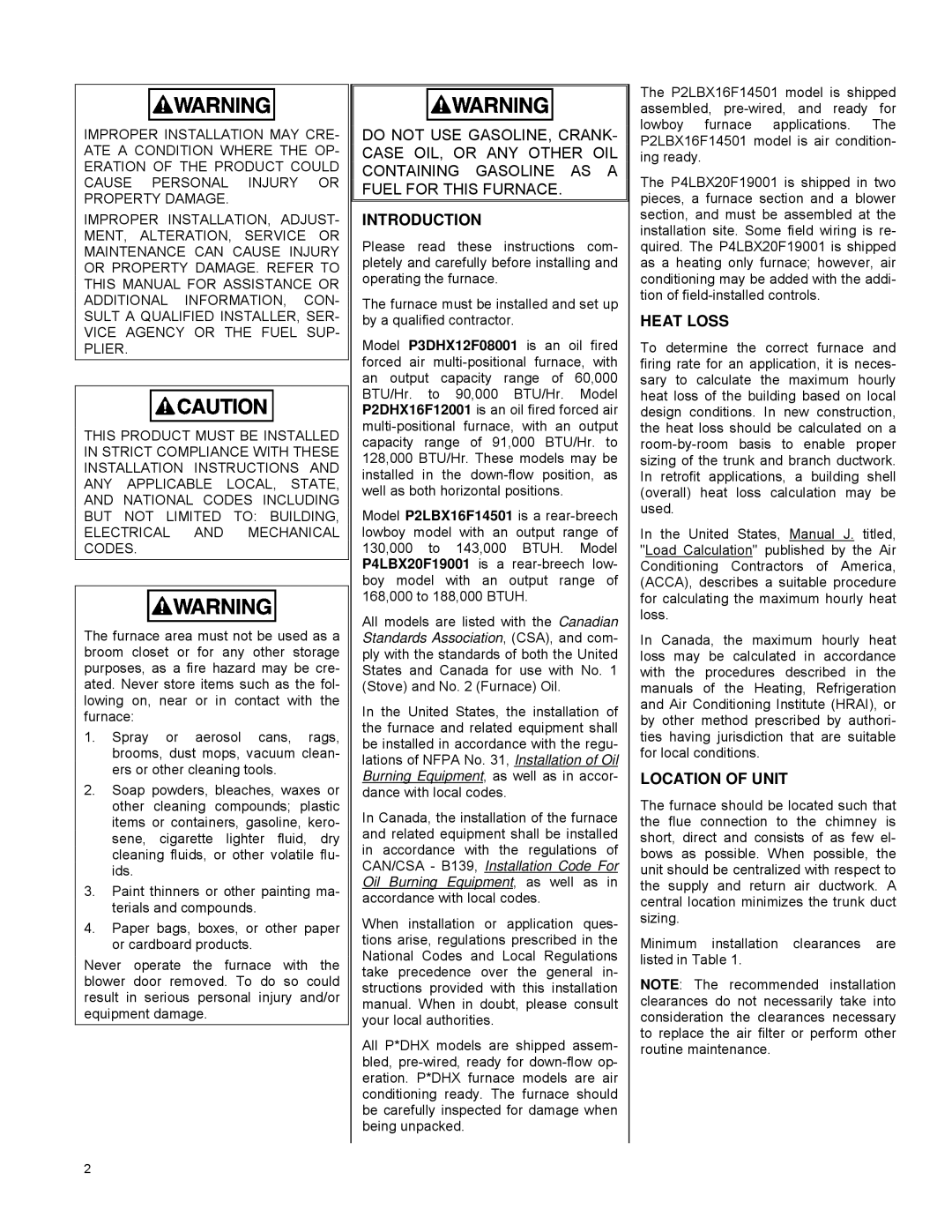 York P4LBX20F19001, P3DHX12F08001, P2DHX16F12001, P2LBX16F14501 installation manual Introduction, Heat Loss, Location of Unit 