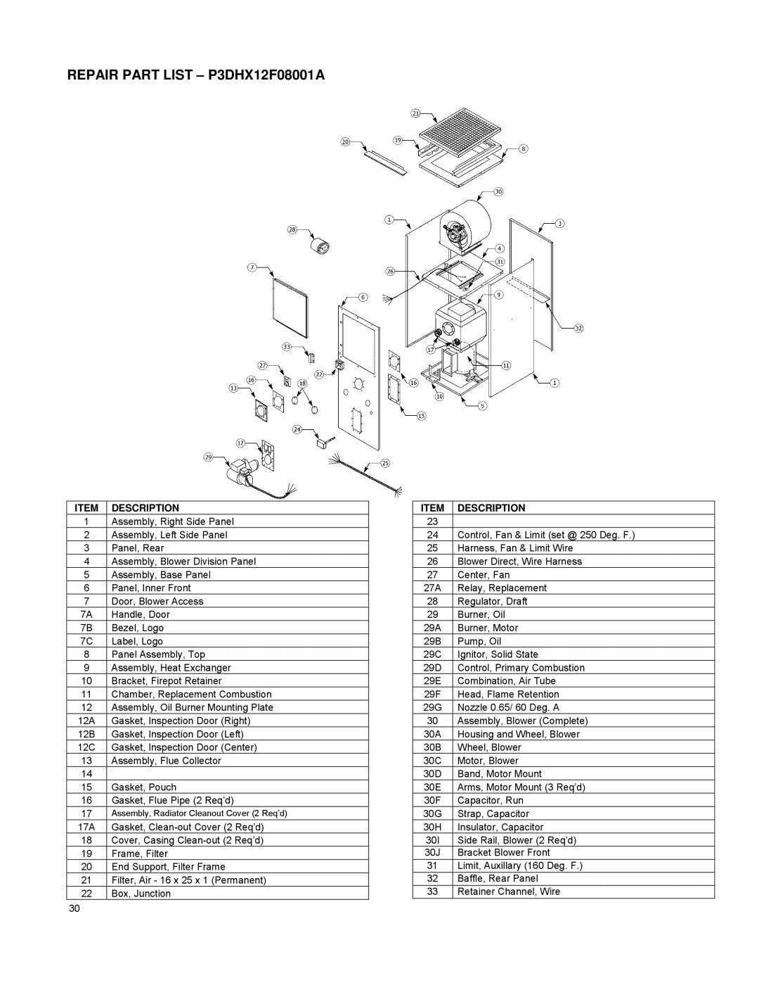 York P4LBX20F19001, P2DHX16F12001, P2LBX16F14501 installation manual Repair Part List P3DHX12F08001A 