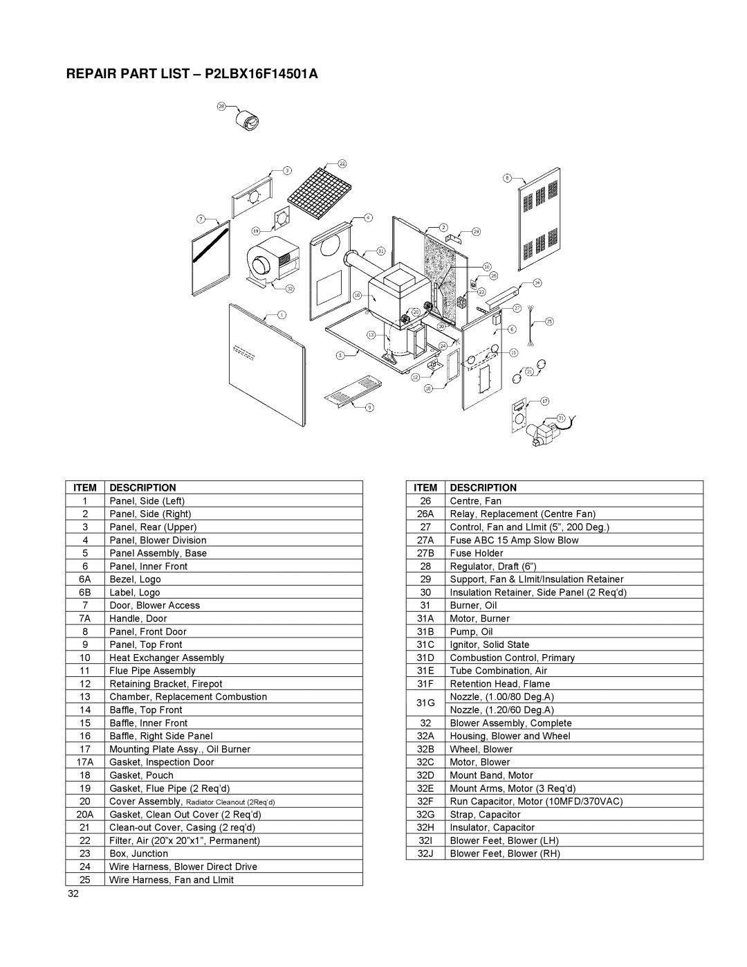 York P3DHX12F08001, P2DHX16F12001, P4LBX20F19001 installation manual Repair Part List P2LBX16F14501A 