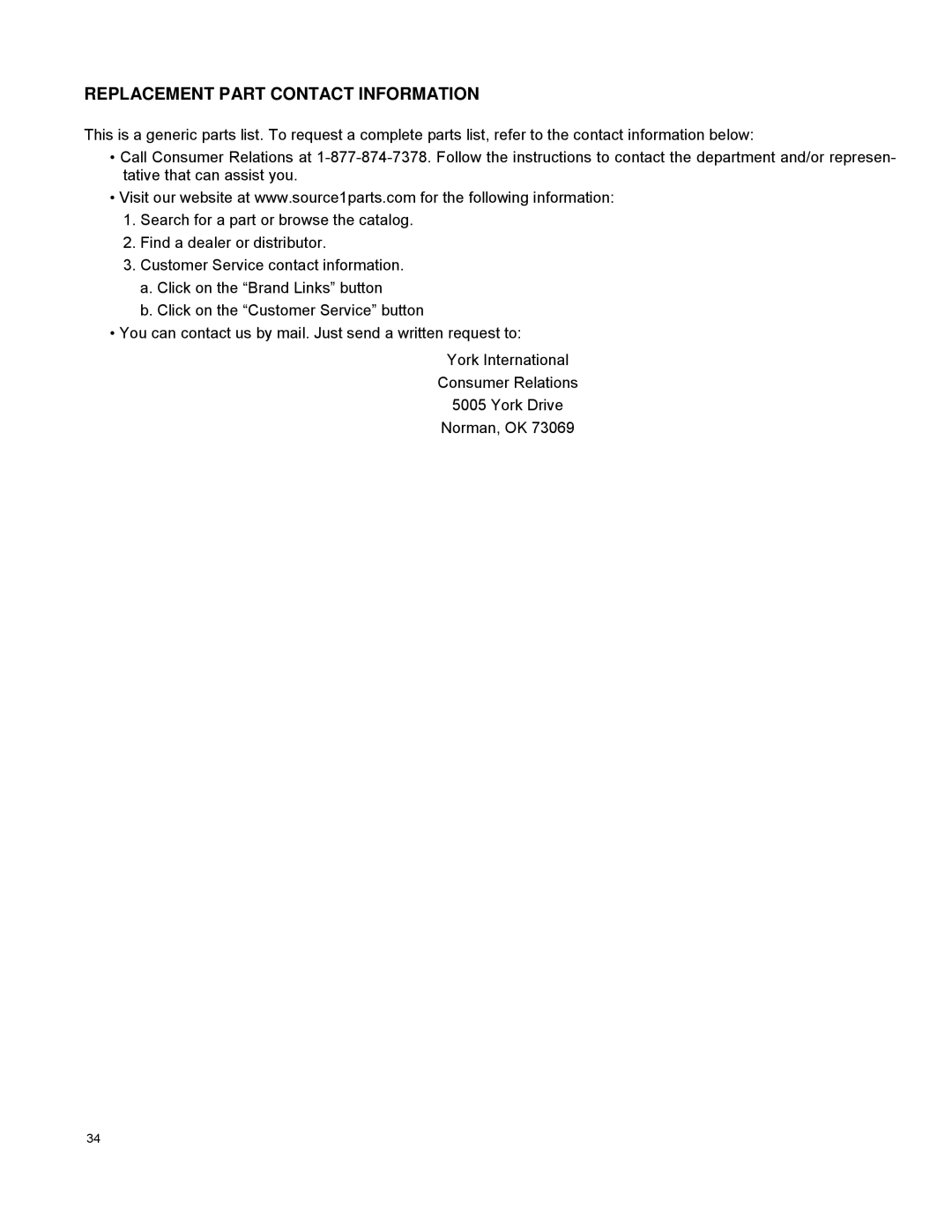 York P4LBX20F19001, P3DHX12F08001, P2DHX16F12001, P2LBX16F14501 installation manual Replacement Part Contact Information 