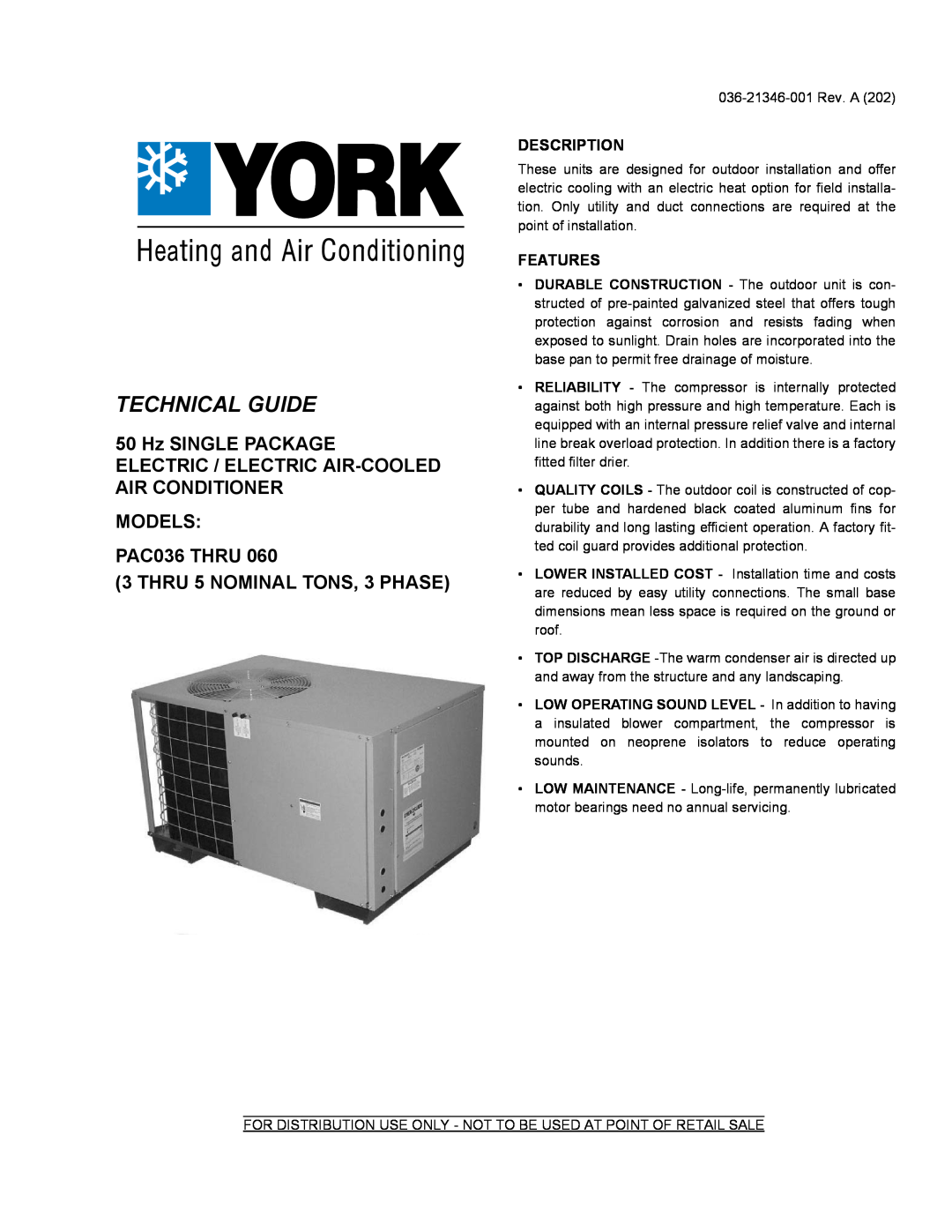 York PAC036 dimensions Description, Features, Technical Guide, Hz SINGLE PACKAGE 