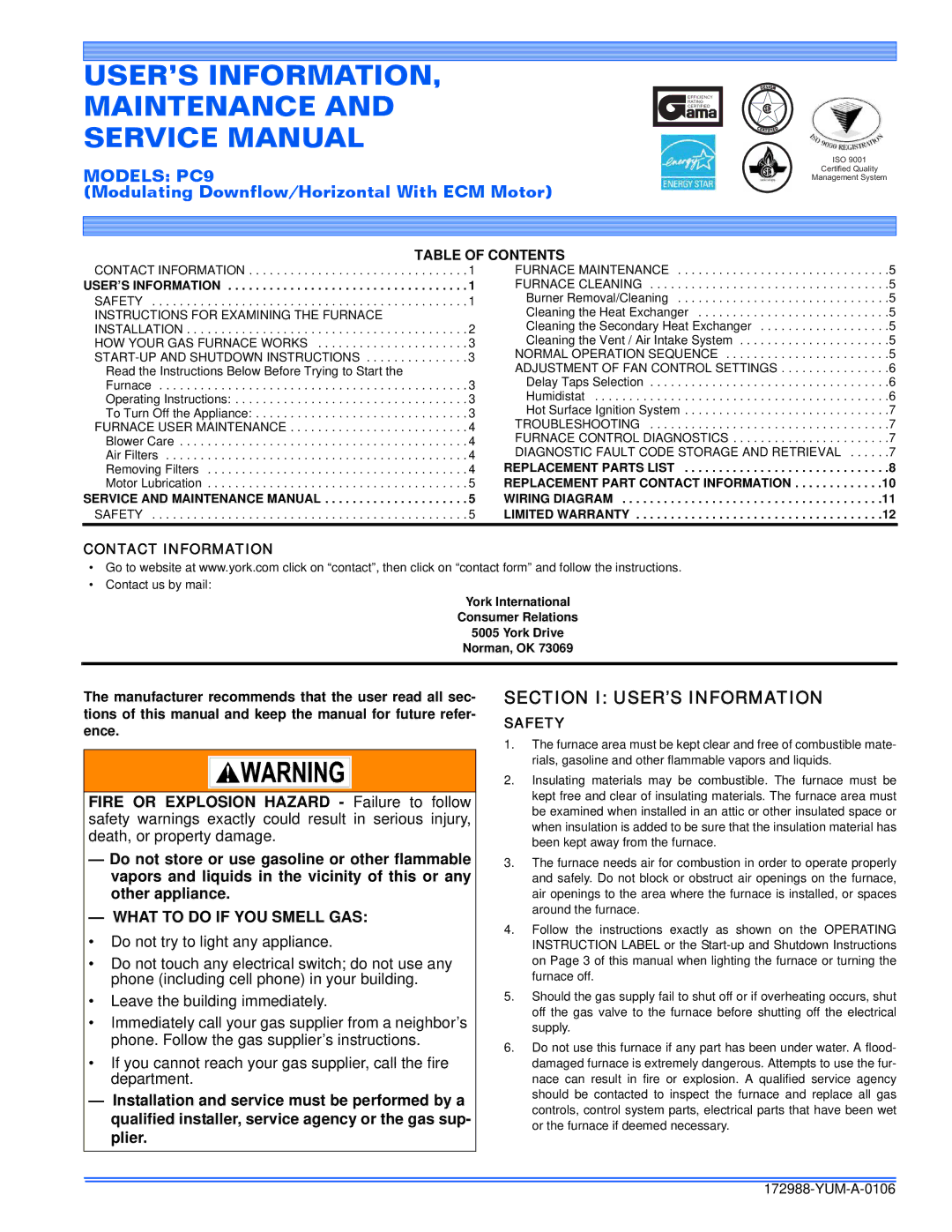 York PC9 service manual Section I USER’S Information, Table of Contents, Contact Information, Safety 