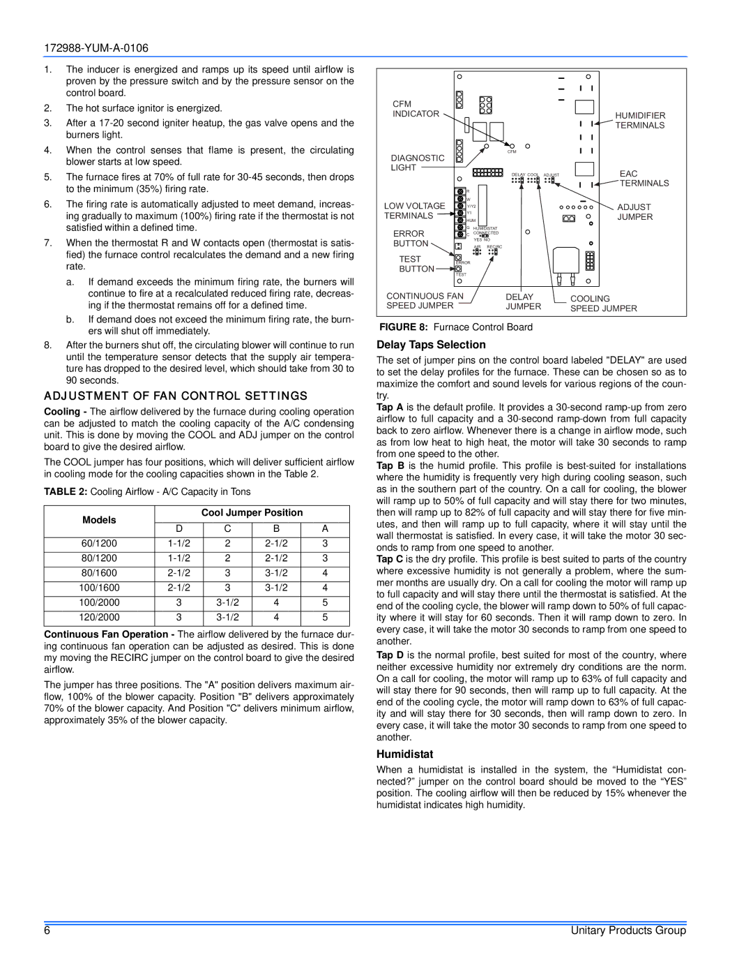 York PC9 service manual Adjustment of FAN Control Settings, Delay Taps Selection, Humidistat, Models Cool Jumper Position 