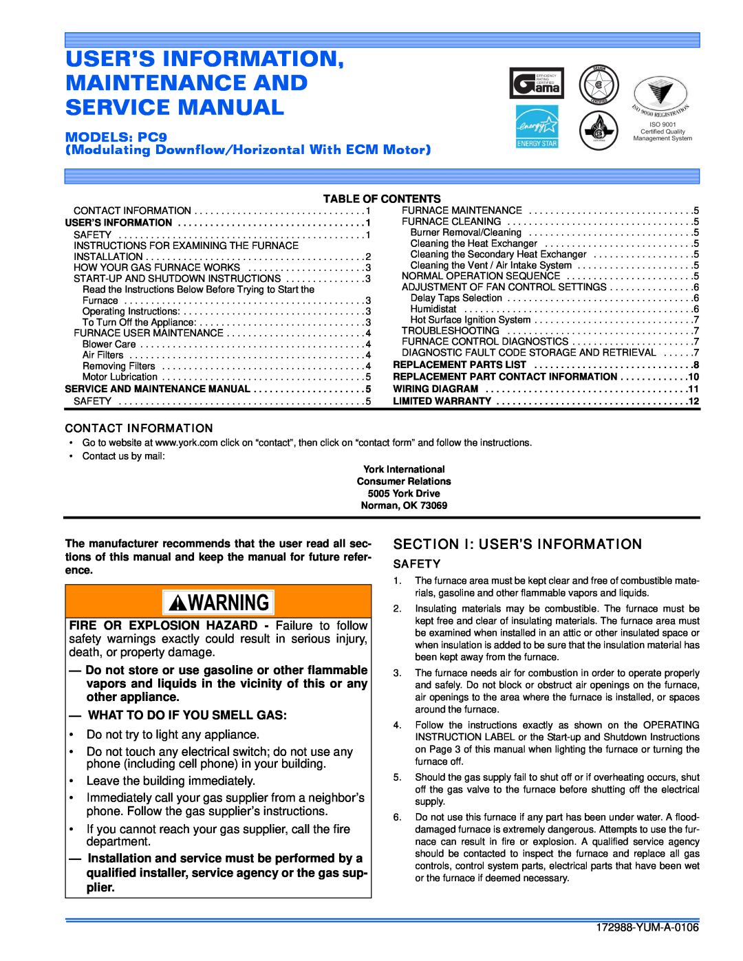 York service manual Section I User’S Information, MODELS PC9, Modulating Downflow/Horizontal With ECM Motor 