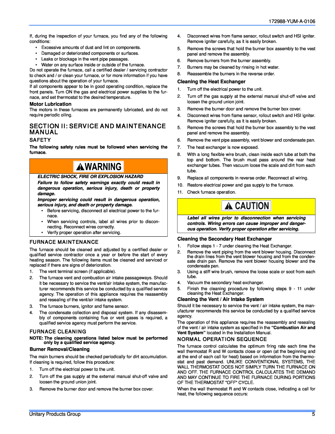 York PC9 Section Ii Service And Maintenance Manual, YUM-A-0106, Motor Lubrication, Safety, Furnace Maintenance 