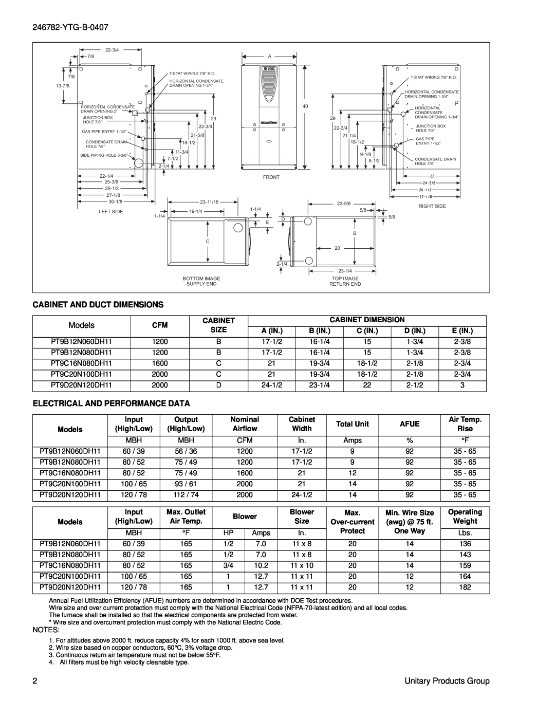 York PT9 warranty YTG-B-0407, Cabinet And Duct Dimensions, Electrical And Performance Data 
