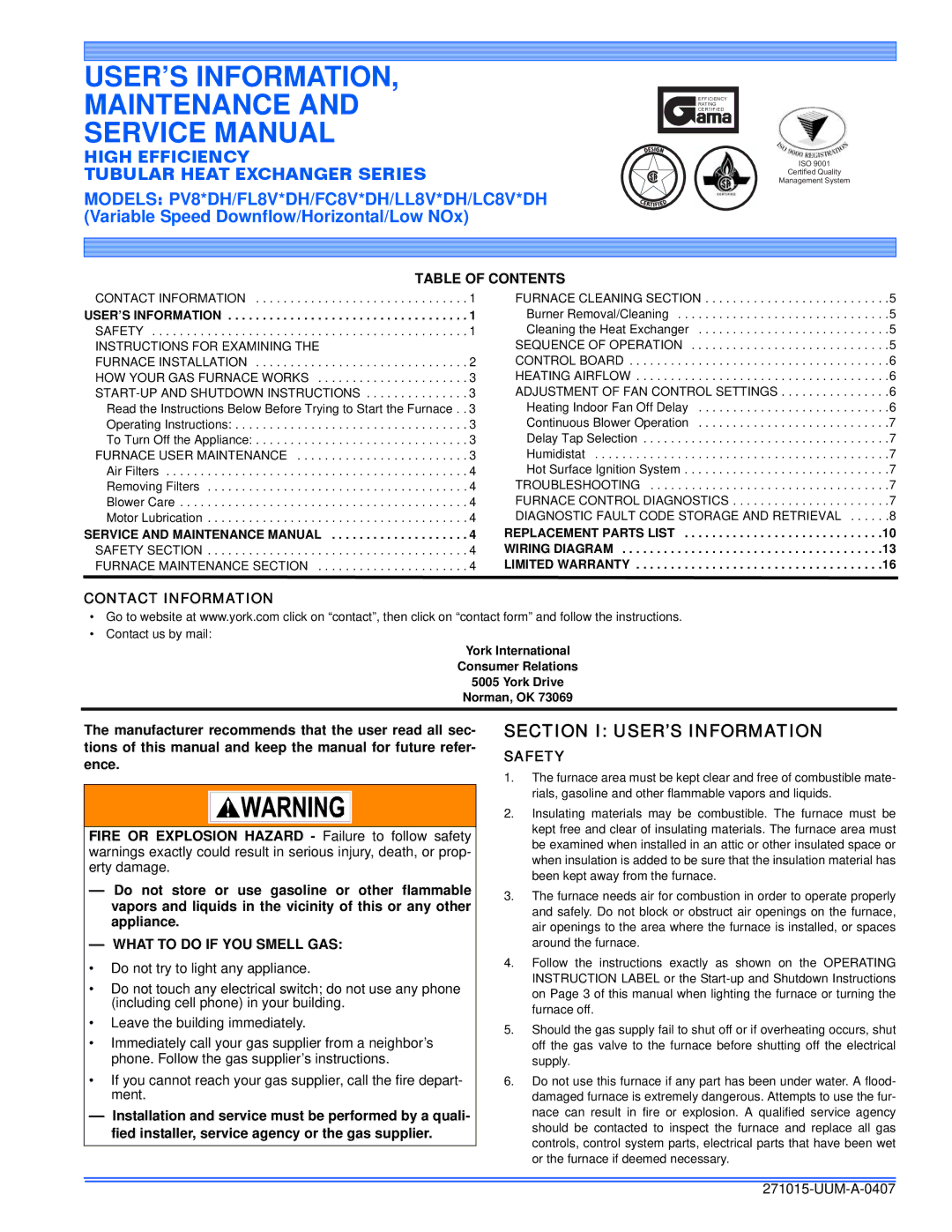 York FC8V*DH, PV8*DH, FL8V*DH service manual Table of Contents, Contact Information, What to do if YOU Smell GAS, Safety 