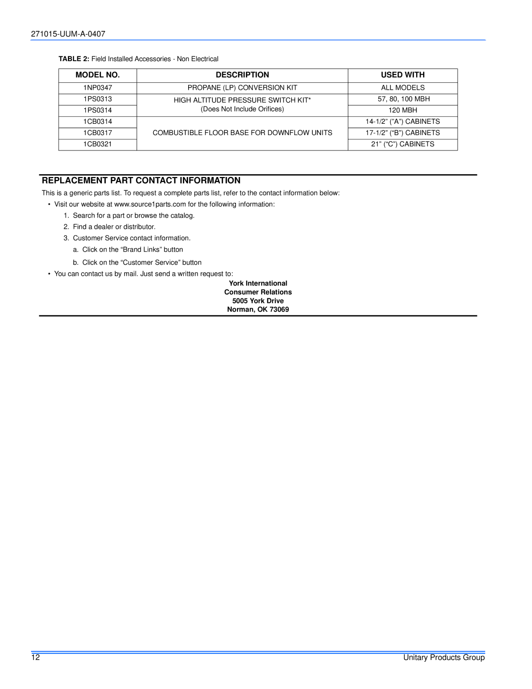 York FL8V*DH, PV8*DH, FC8V*DH, LC8V*DH, LL8V*DH Replacement Part Contact Information, Model no Description Used with 