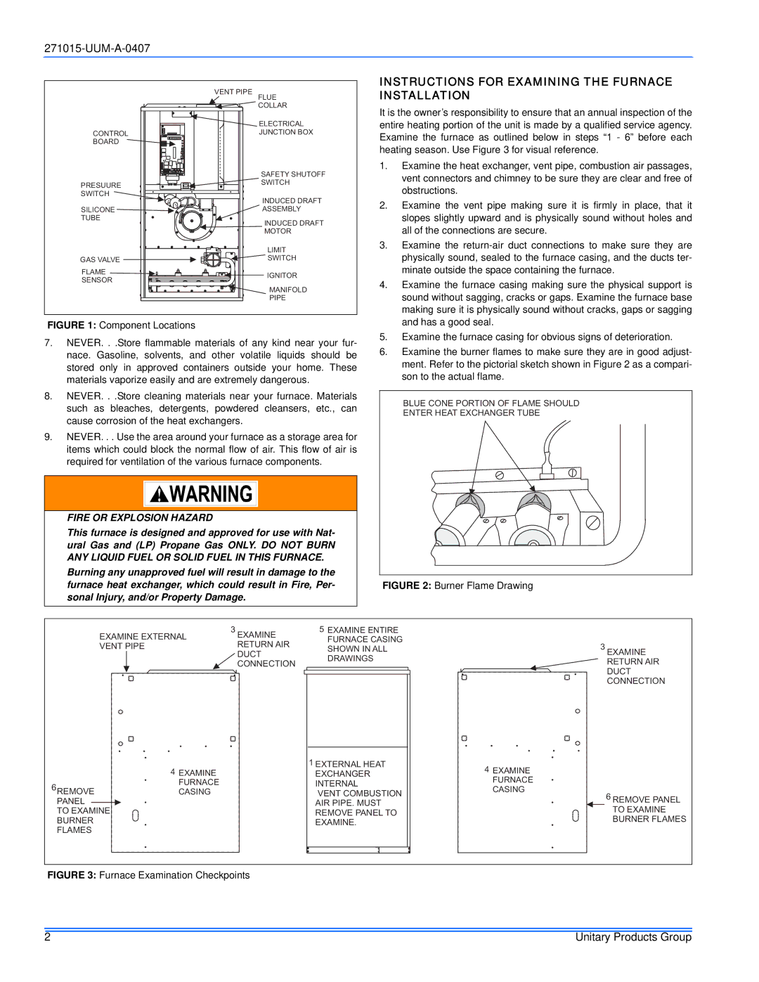 York FL8V*DH, PV8*DH, FC8V*DH, LC8V*DH, LL8V*DH Instructions for Examining the Furnace Installation, Fire or Explosion Hazard 