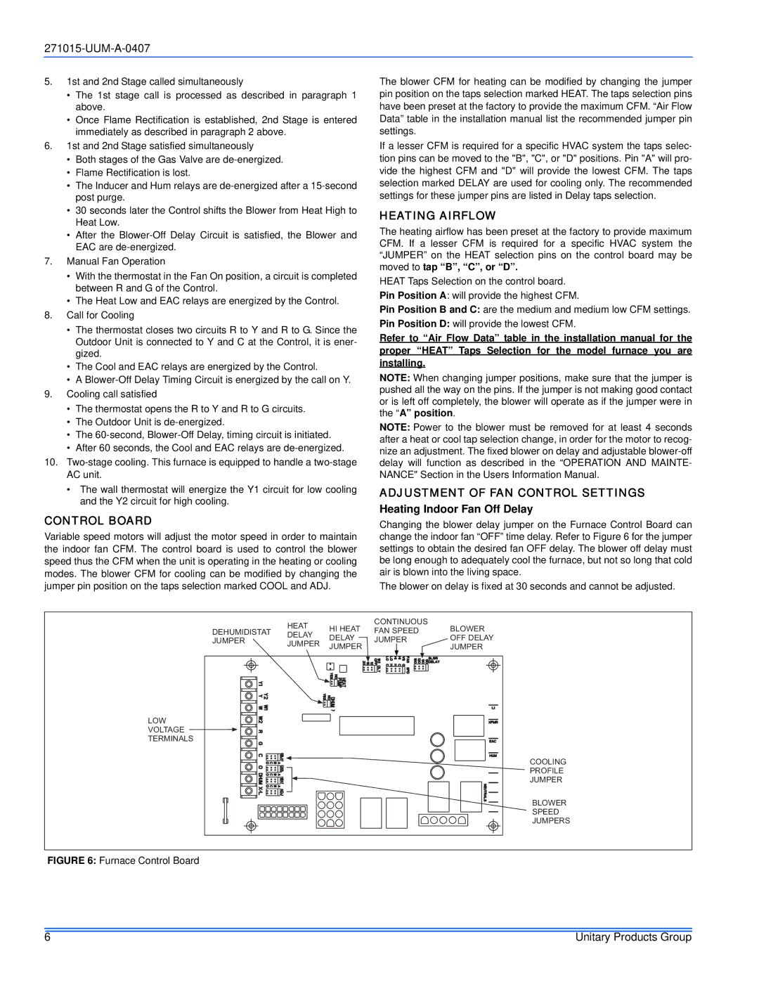 York FC8V*DH, PV8*DH Control Board, Heating Airflow, Adjustment of FAN Control Settings, Heating Indoor Fan Off Delay 