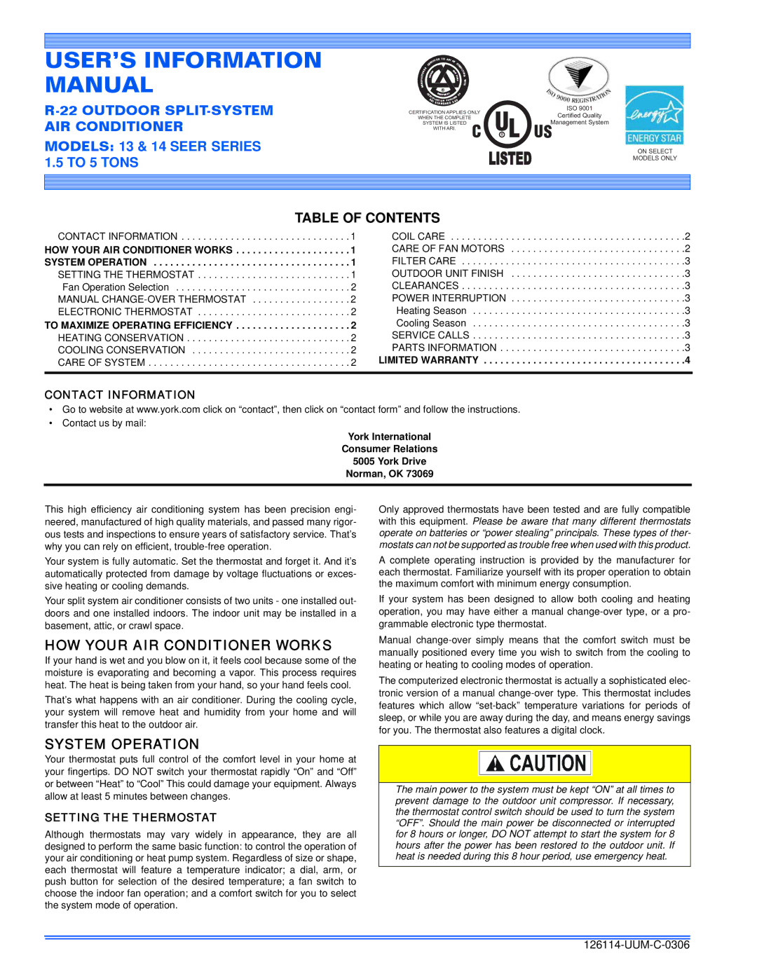 York R-22 warranty Table of Contents, HOW Your AIR Conditioner Works, System Operation 