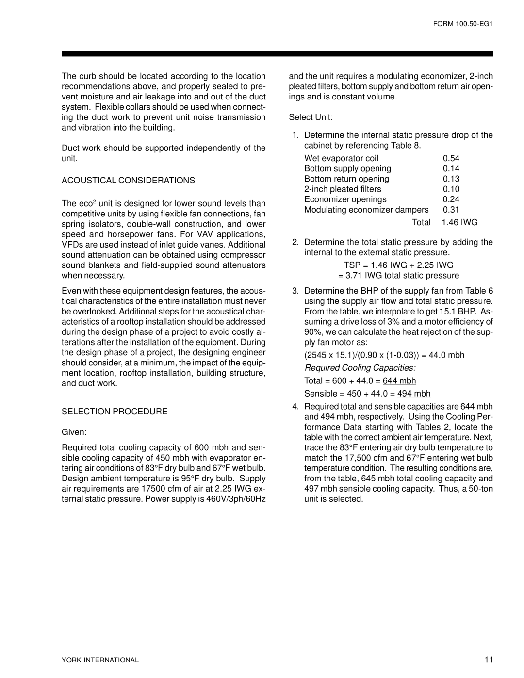 York R-407C manual Acoustical Considerations, Selection Procedure, Given, Select Unit, Total 46 IWG 