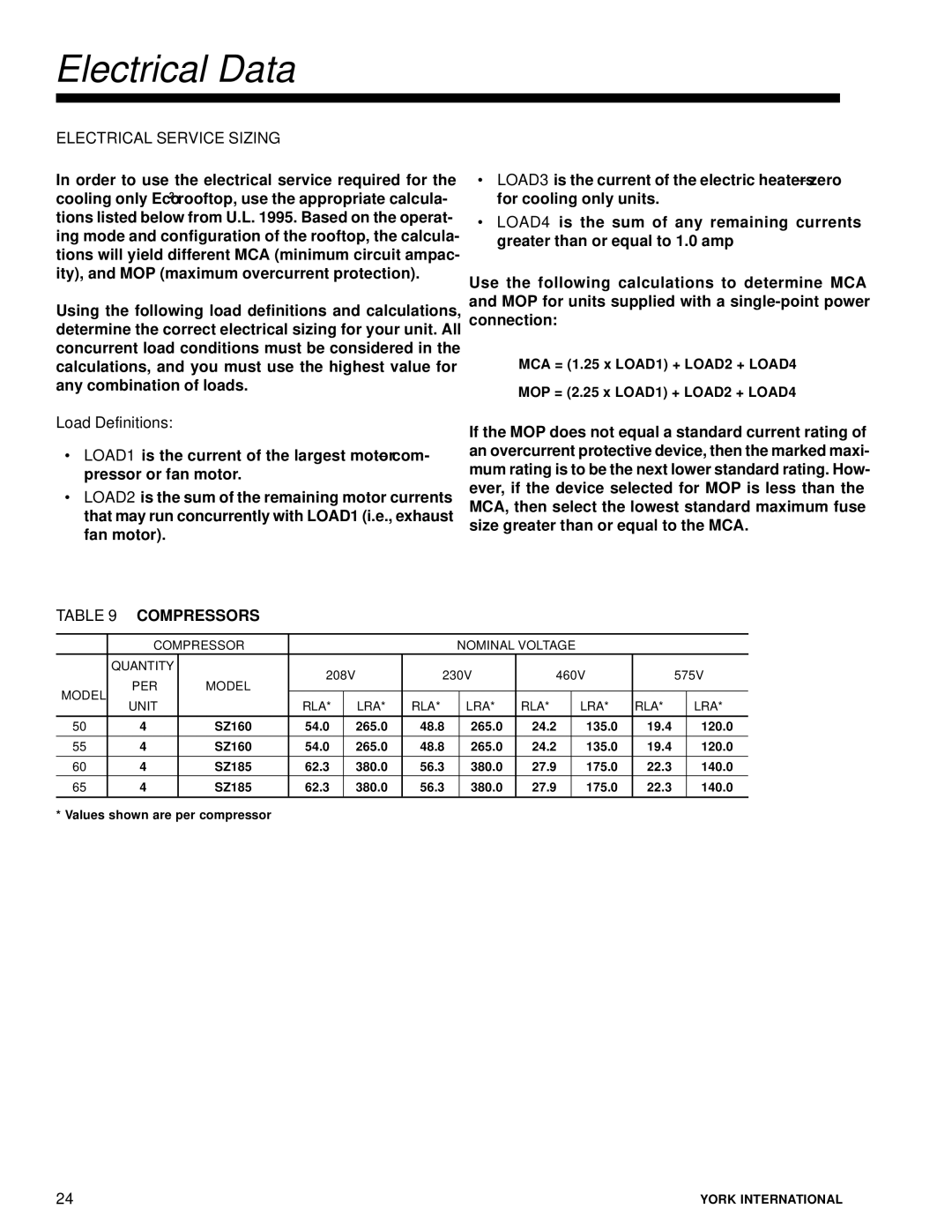 York R-407C manual Electrical Data, Electrical Service Sizing, Load Definitions, Compressors 