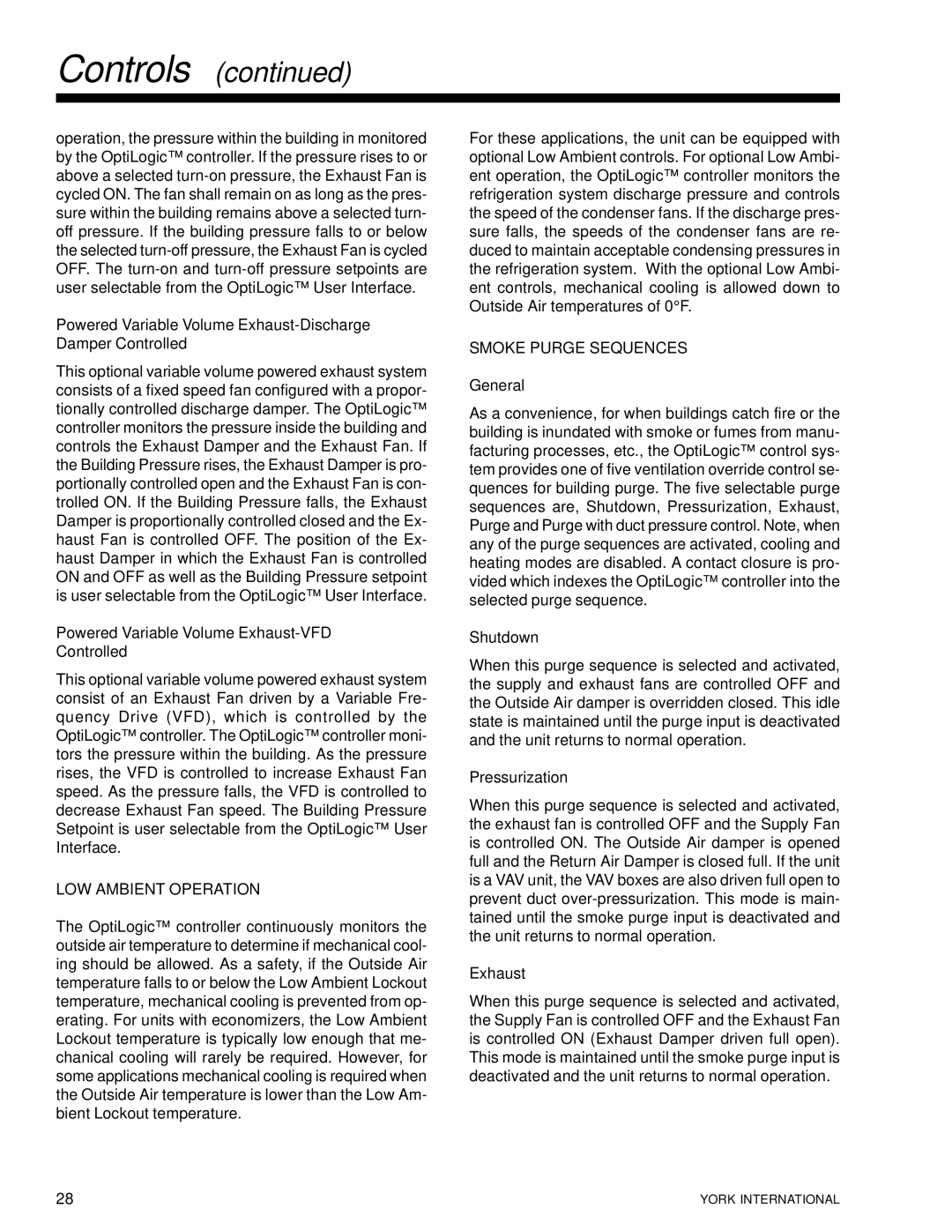 York R-407C manual LOW Ambient Operation, Smoke Purge Sequences 