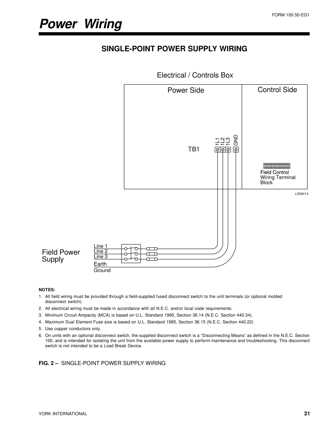 York R-407C manual Power Wiring, SINGLE-POINT Power Supply Wiring 