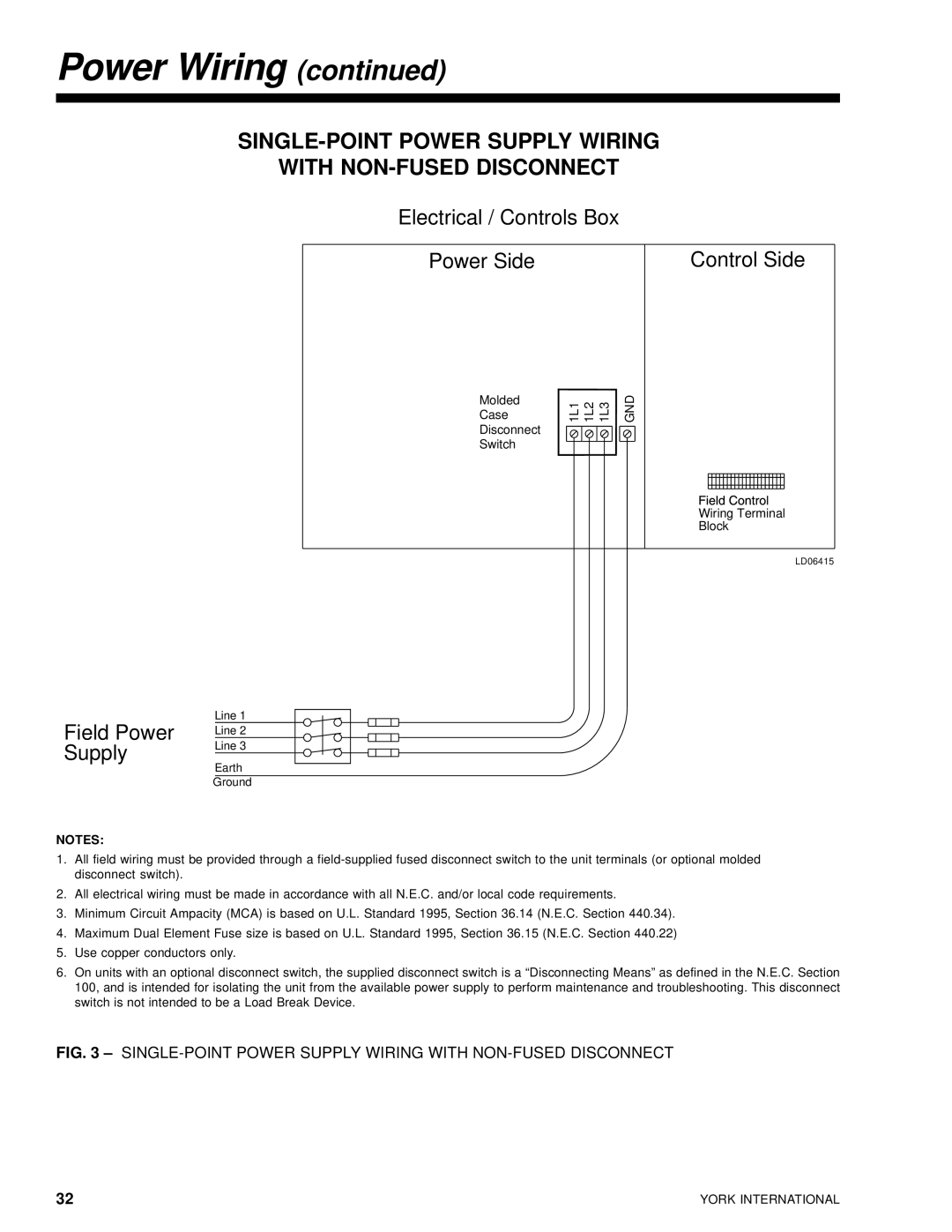 York R-407C manual SINGLE-POINT Power Supply Wiring With NON-FUSED Disconnect 