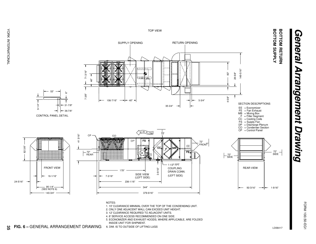 York R-407C manual General Arrangement, Drawing, Bottom Supply Bottom Return 