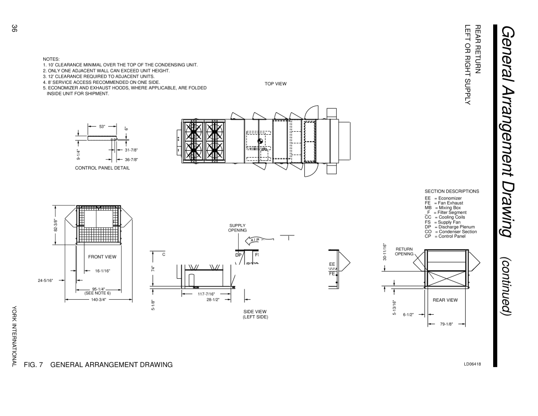 York R-407C manual Left or Right Rear Return Supply, General Arrangement Drawing 