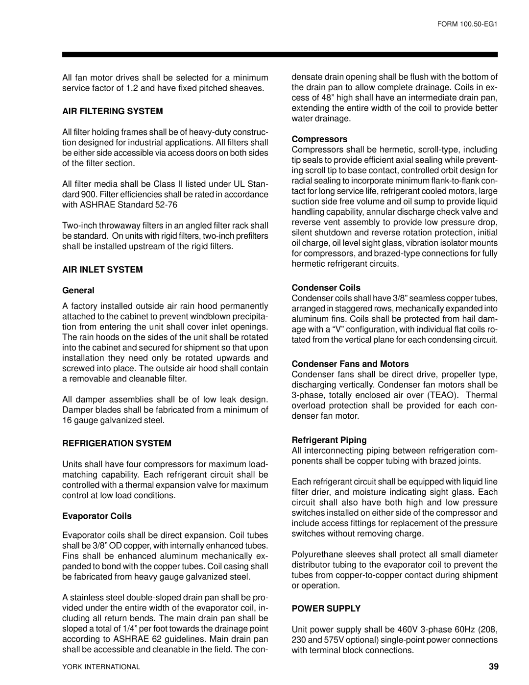 York R-407C manual AIR Filtering System, AIR Inlet System, Refrigeration System, Power Supply 
