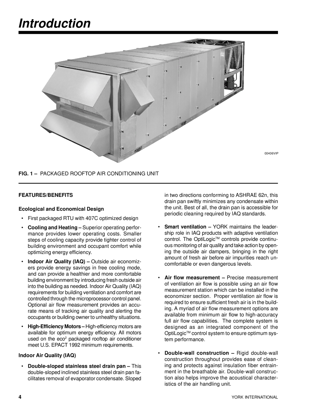 York R-407C manual Introduction, Features/Benefits, Ecological and Economical Design 