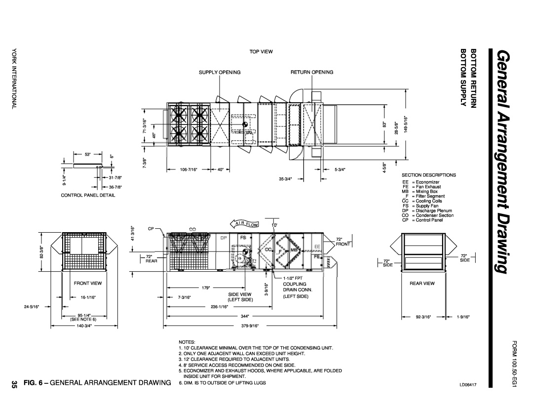 York R-407C manual General Arrangement, Drawing, Bottom Supply, Bottom Return 