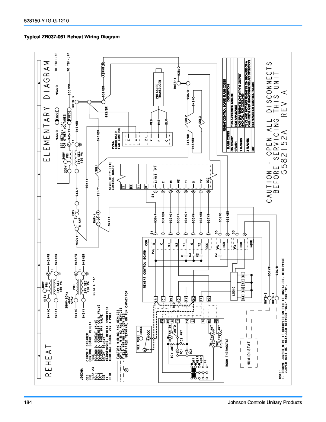 York R-410A ZH/ZJ/ZR Series manual Typical ZR037-061Reheat Wiring Diagram, Johnson Controls Unitary Products 