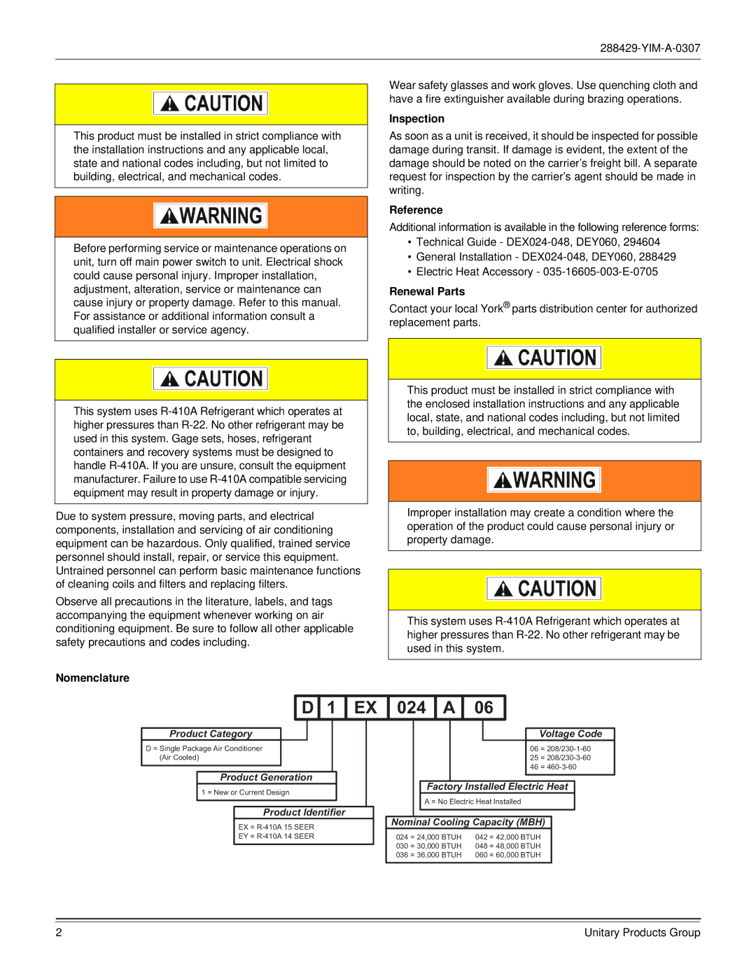 York R-410A dimensions Nomenclature, Inspection, Reference, Renewal Parts 