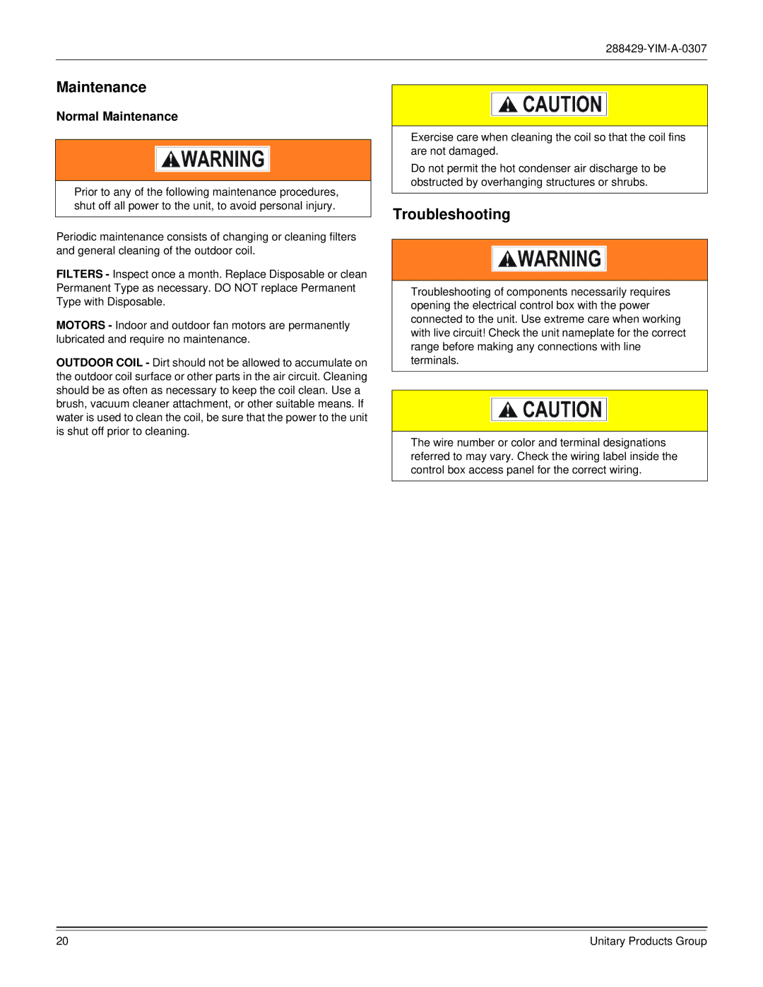 York R-410A dimensions Troubleshooting, Normal Maintenance 