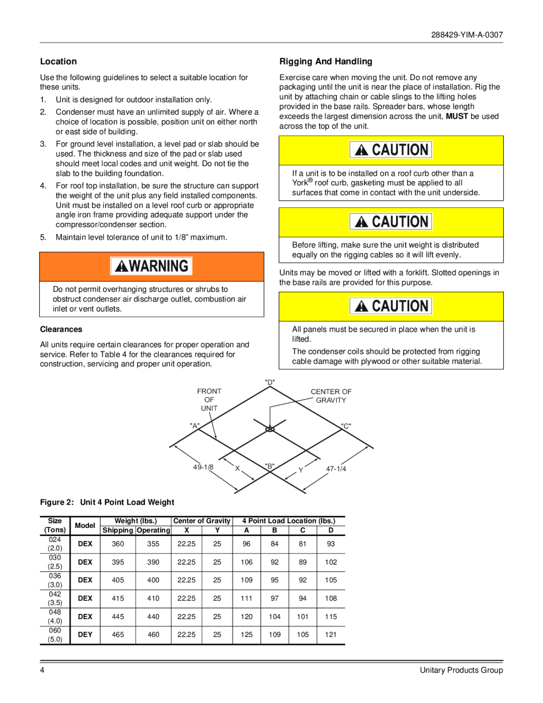 York R-410A dimensions Location Rigging And Handling, Clearances, Weight lbs, Point Load Location lbs, Tons 