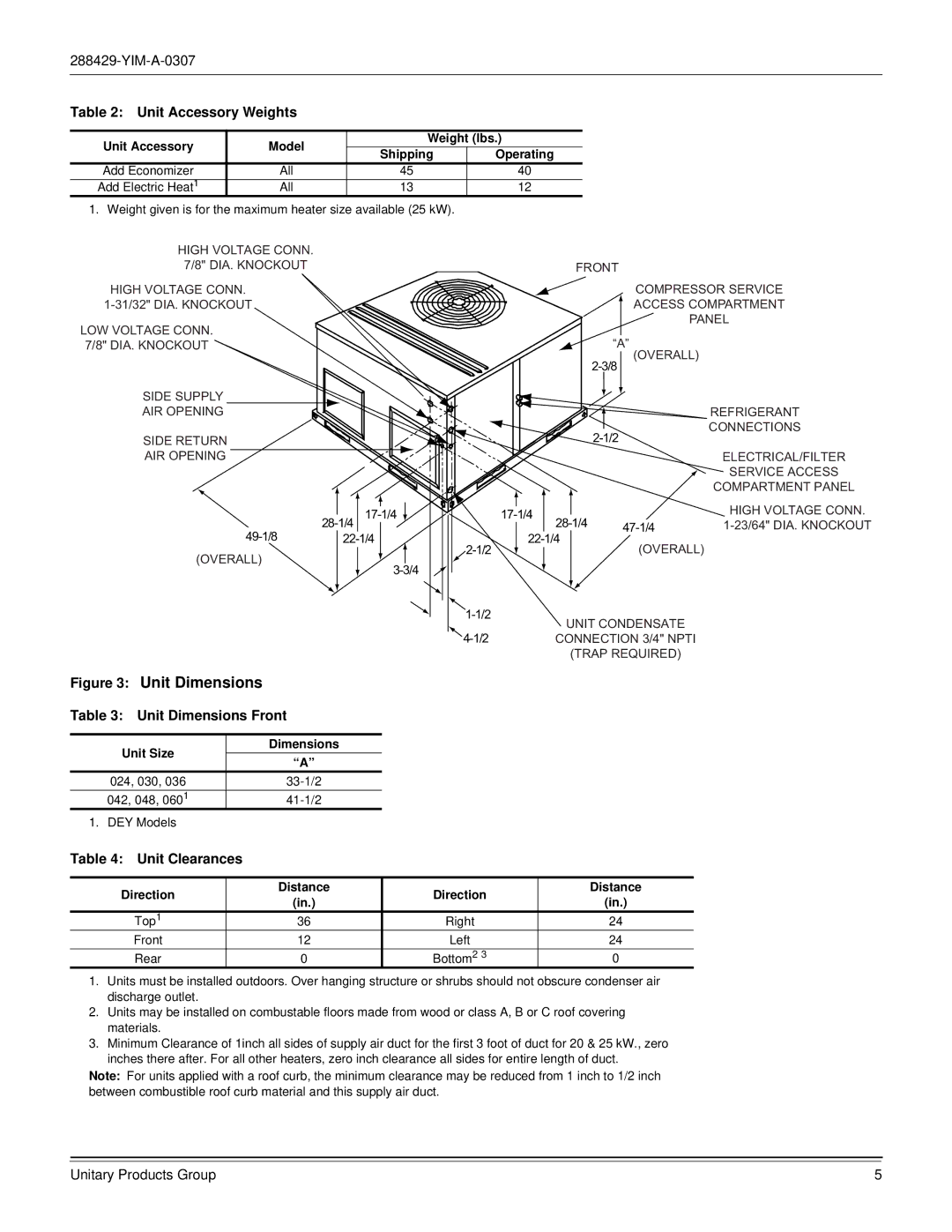 York R-410A Unit Accessory Weights, Unit Dimensions Front, Unit Clearances, Unit Size Dimensions, Direction Distance 