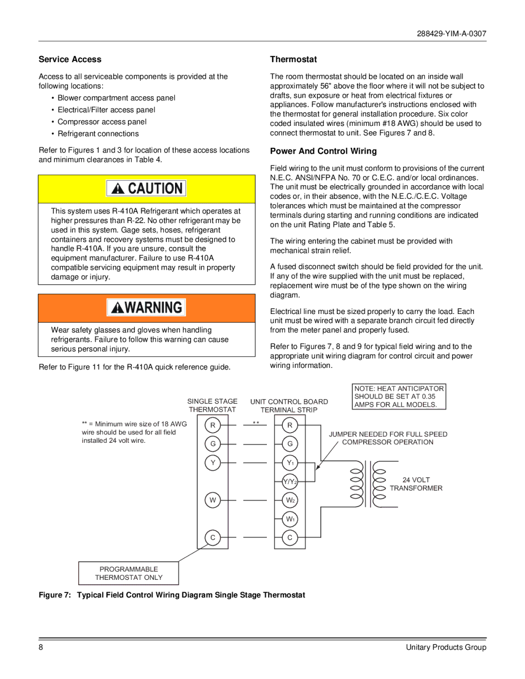 York R-410A dimensions Service Access, Thermostat, Power And Control Wiring 