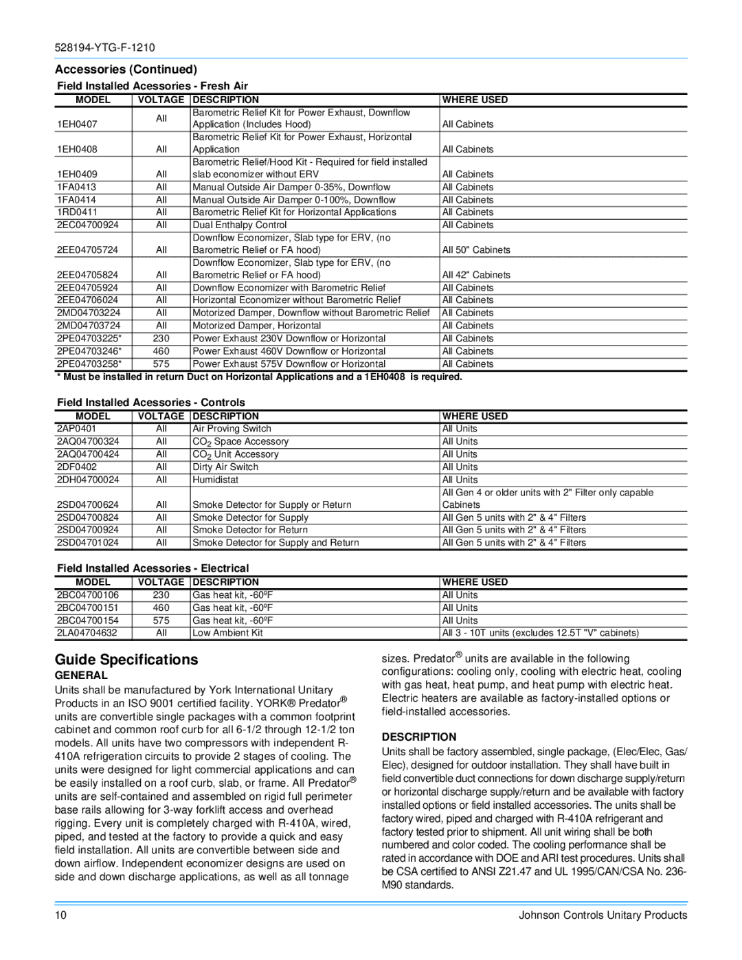 York R-410A manual Guide Specifications, Field Installed Acessories Fresh Air, Field Installed Acessories Controls 