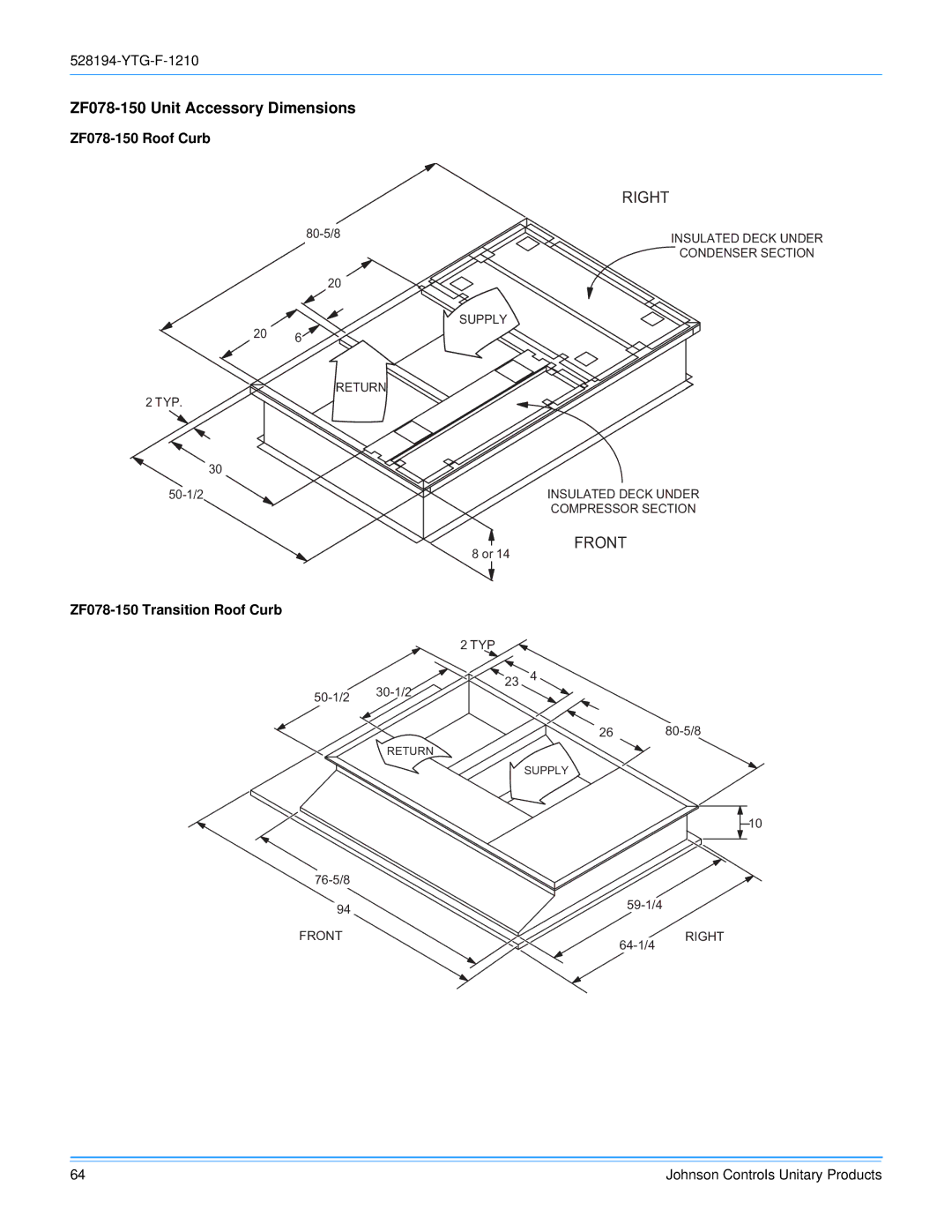 York R-410A manual ZF078-150 Unit Accessory Dimensions, ZF078-150 Roof Curb, ZF078-150 Transition Roof Curb 