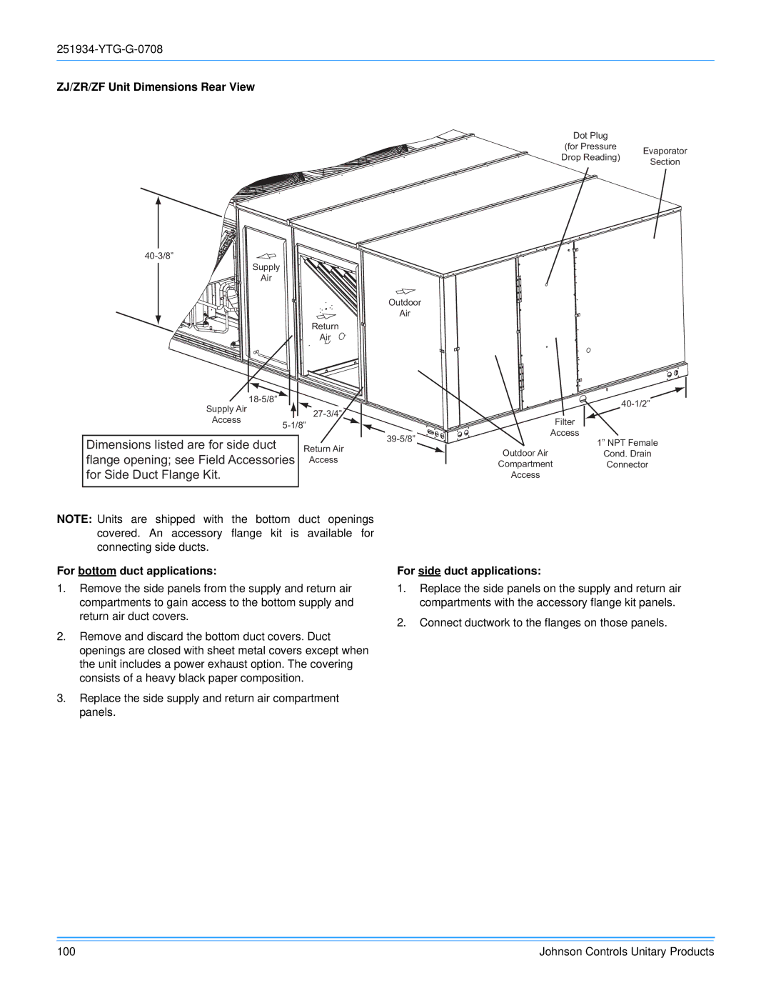 York R-410A manual ZJ/ZR/ZF Unit Dimensions Rear View, For bottom duct applications, For side duct applications 